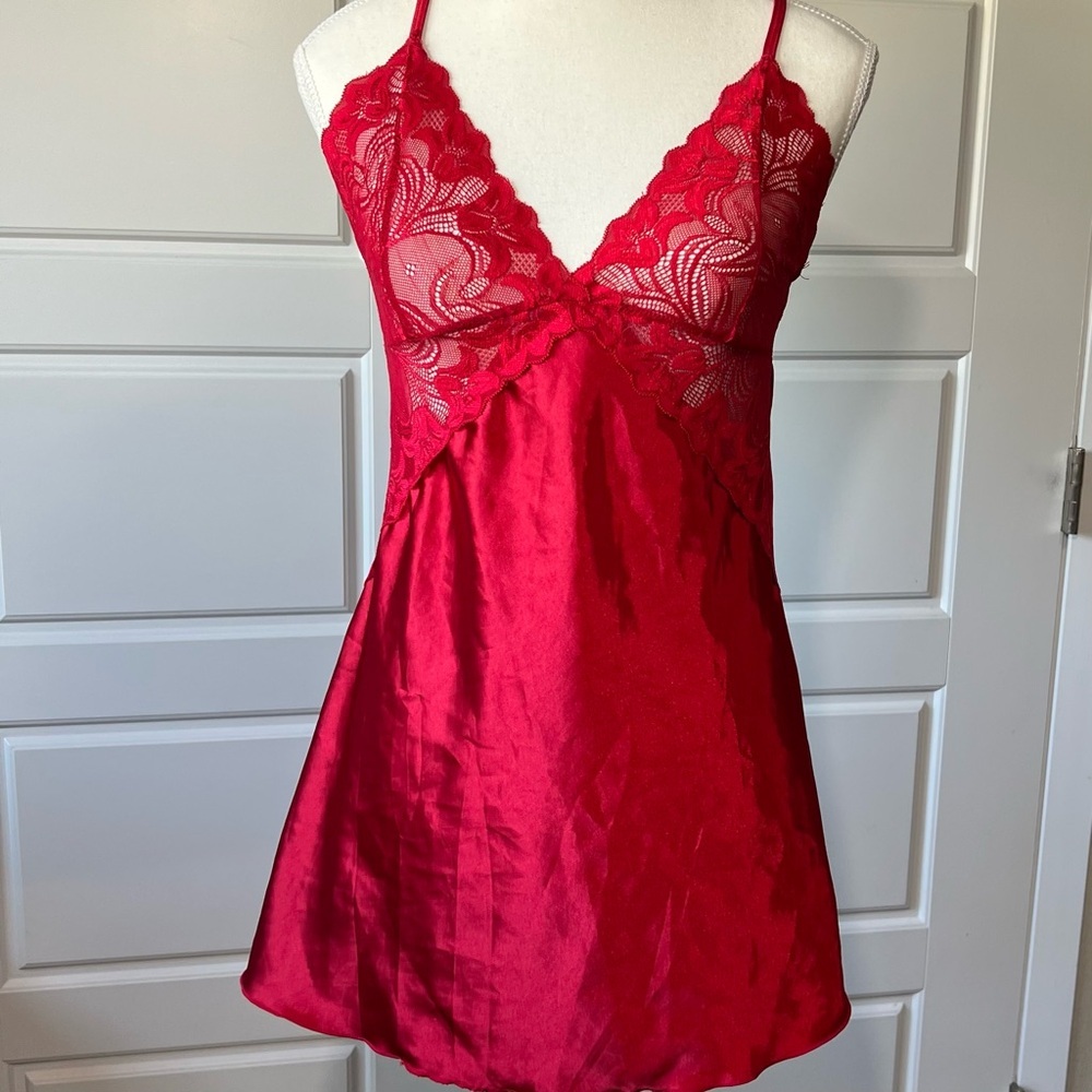 Avidlove Chemise Nightgown Women Small Red Satin Lace Cross Back Lingerie